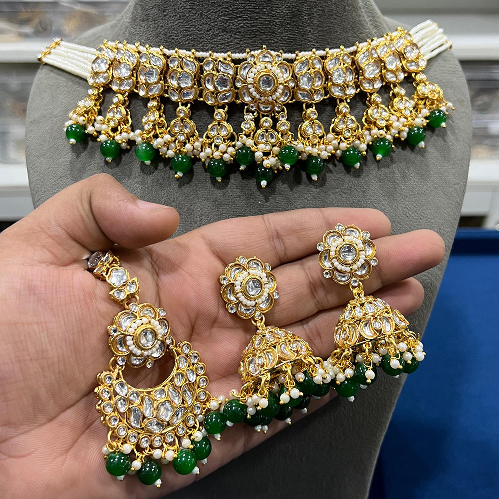 Hira Collections  Gold Plated Royal Kundan Stone And Beads Necklace Set