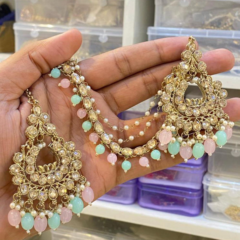Hira Collections Gold Plated Crystals And Beads Dangler Earrings With Maangtikka