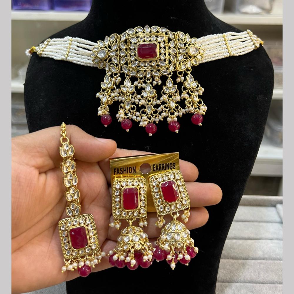 Hira Collections  Gold Plated Royal Kundan Stone And Beads Necklace Set