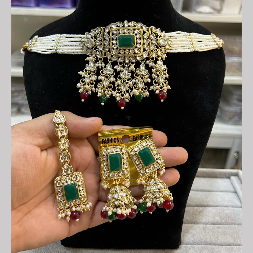 Hira Collections  Gold Plated Royal Kundan Stone And Beads Necklace Set