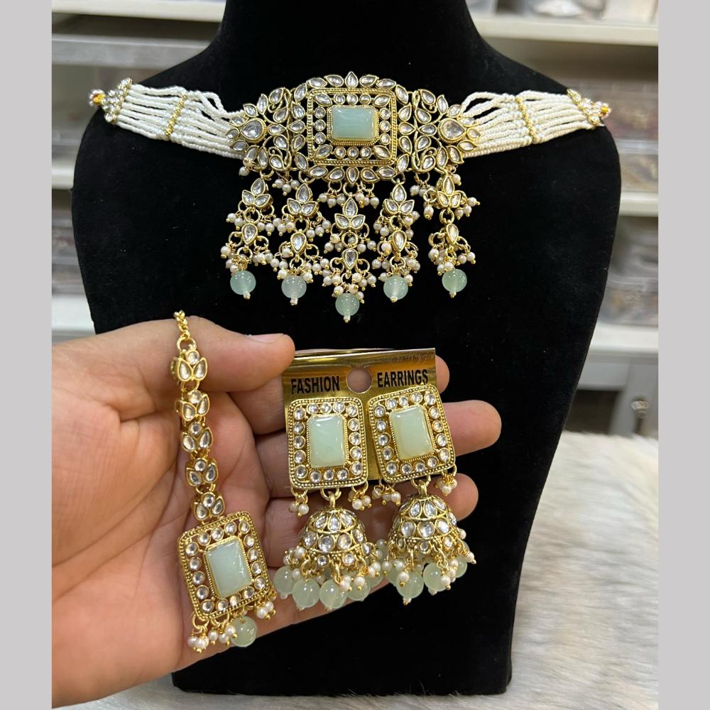 Hira Collections  Gold Plated Royal Kundan Stone And Beads Necklace Set