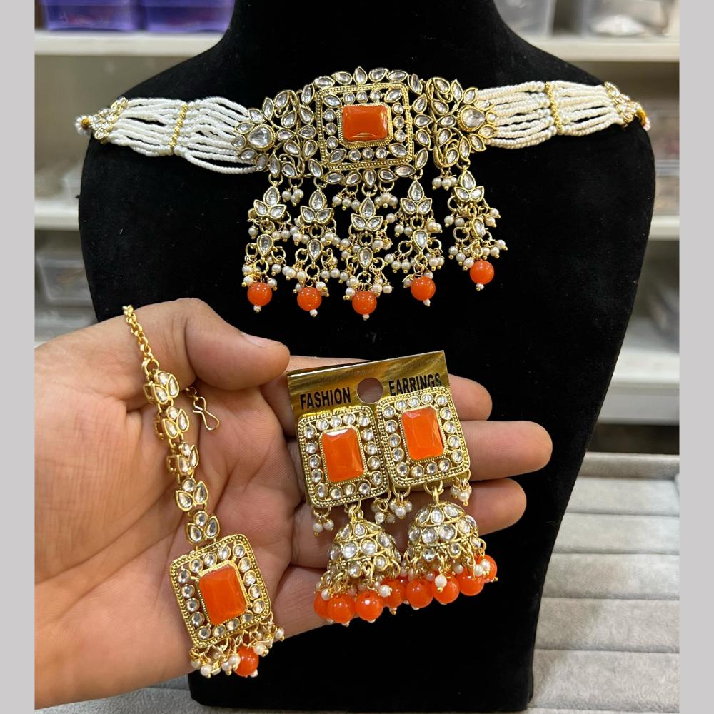 Hira Collections  Gold Plated Royal Kundan Stone And Beads Necklace Set