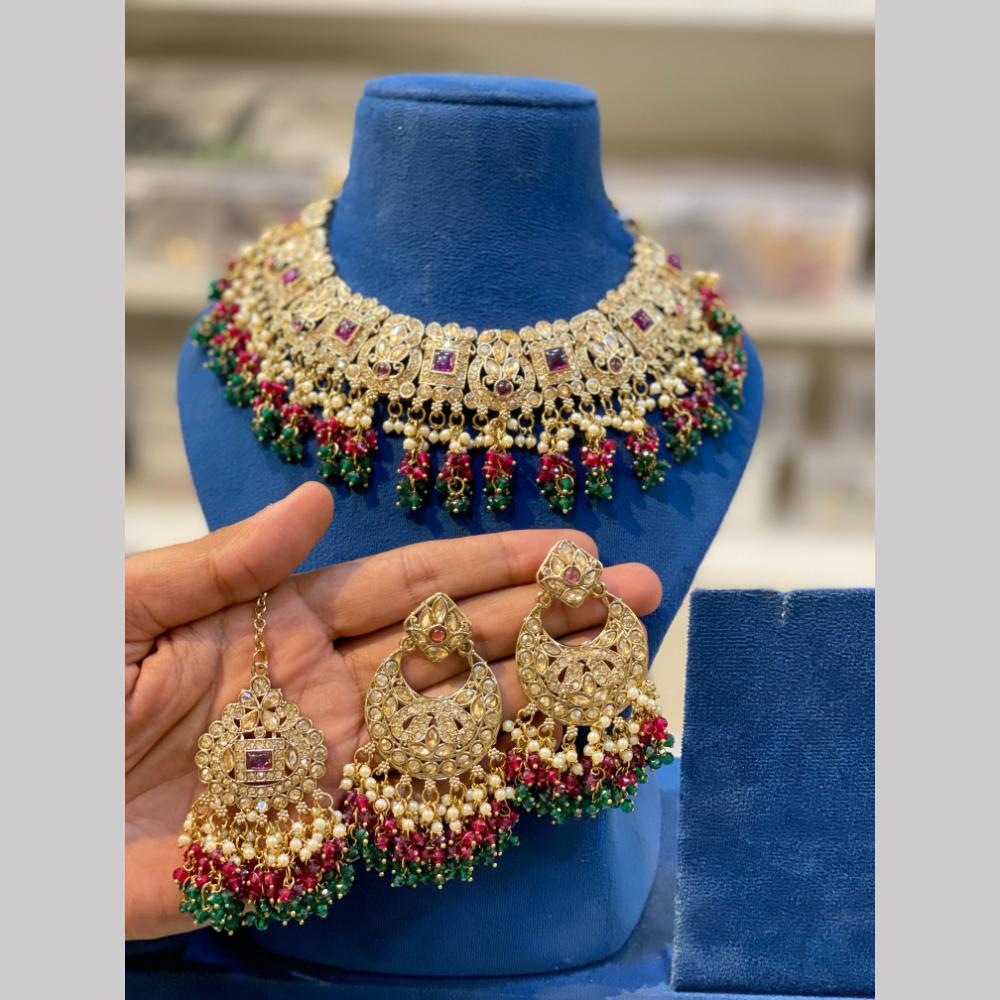 Hira Collections Gold Plated Royal Kundan Stone And Pearl Gold Plated Necklace Set