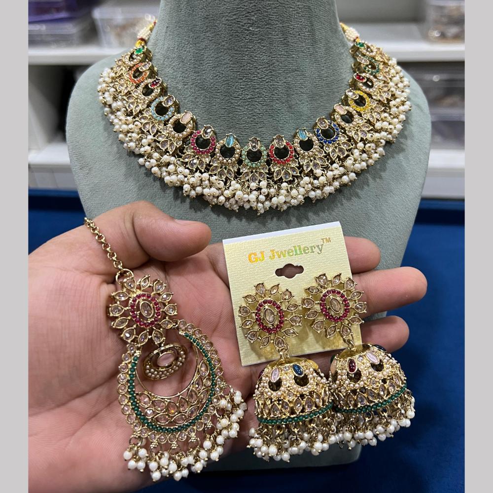 Hira Collections Gold Plated Royal Crystal Stone And Pearl Necklace Set