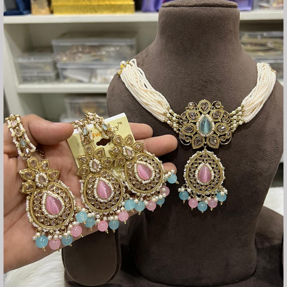 Hira Collections Gold Plated Royal Crystal Stone And Pearl Necklace Set