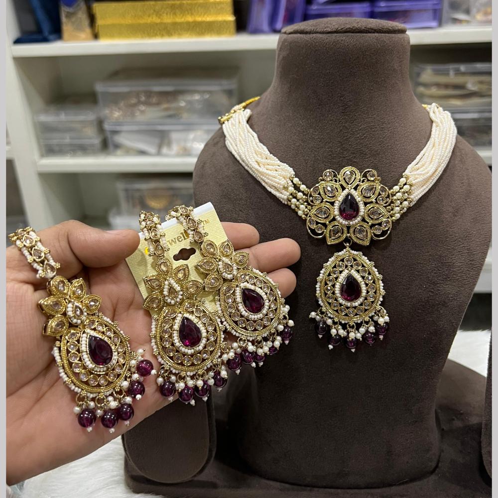 Hira Collections Gold Plated Royal Crystal Stone And Pearl Necklace Set