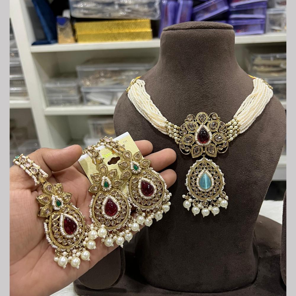 Hira Collections Gold Plated Royal Crystal Stone And Pearl Necklace Set