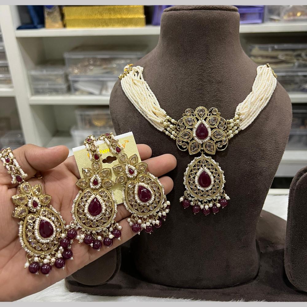 Hira Collections Gold Plated Royal Crystal Stone And Pearl Necklace Set