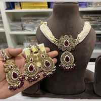 Hira Collections Gold Plated Royal Crystal Stone And Pearl Necklace Set
