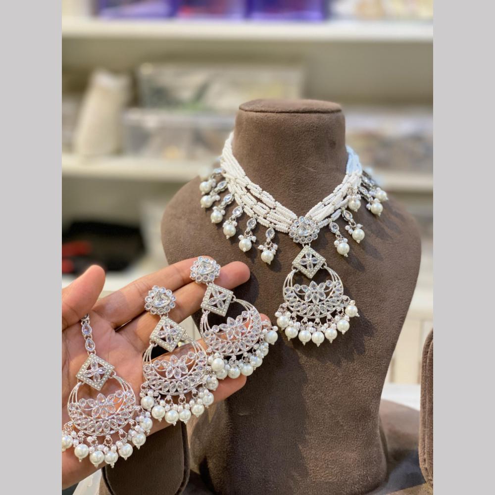 Hira Collections Silver Plated Royal Crystal Stone And Pearl Necklace Set