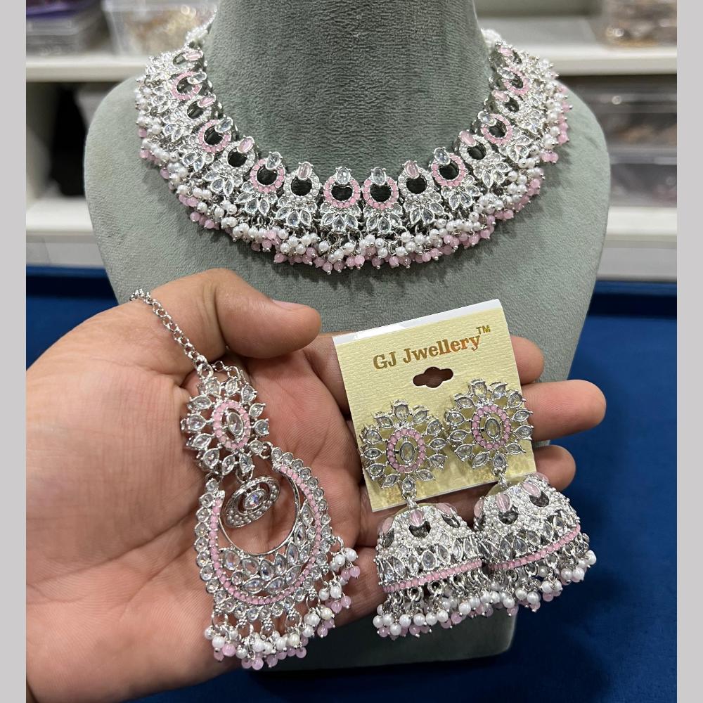 Hira Collections Silver Plated Royal Crystal Stone And Pearl Necklace Set