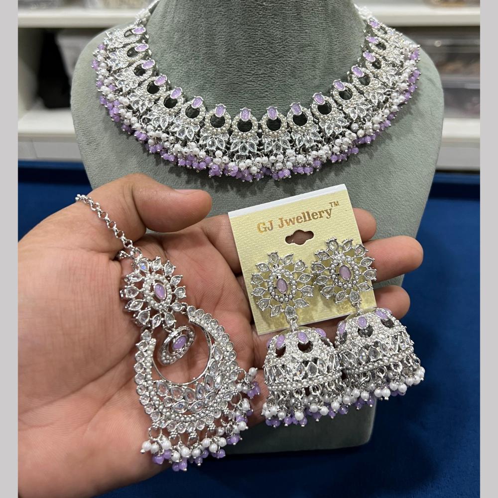 Hira Collections Silver Plated Royal Crystal Stone And Pearl Necklace Set