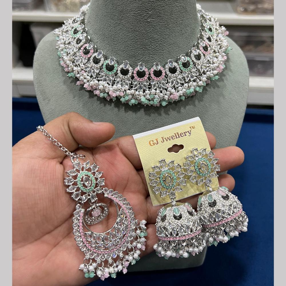 Hira Collections Silver Plated Royal Crystal Stone And Pearl Necklace Set