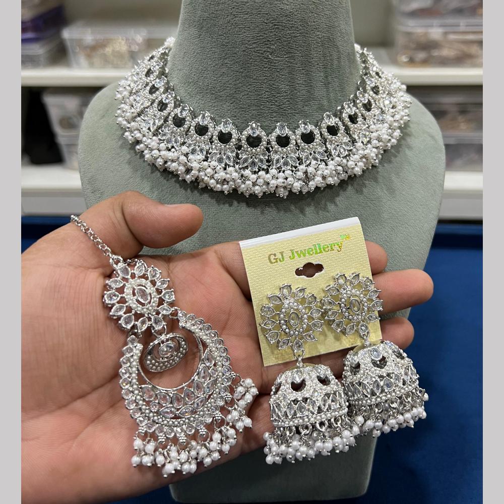Hira Collections Silver Plated Royal Crystal Stone And Pearl Necklace Set