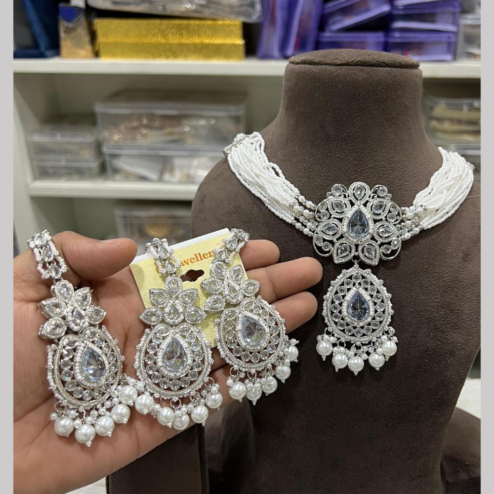 Hira Collections Silver Plated Royal Crystal Stone And Pearl Necklace Set