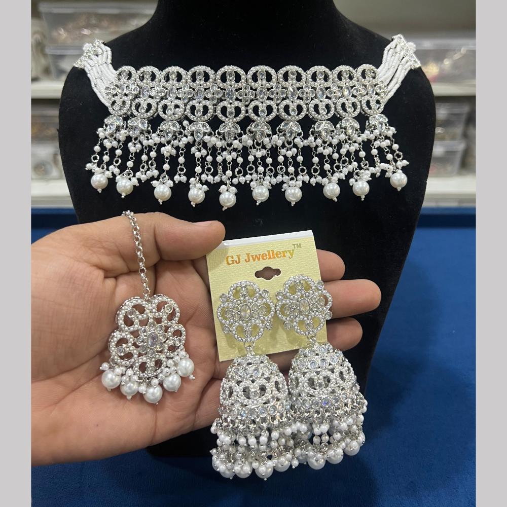 Hira Collections Silver Plated Royal Crystal Stone And Pearl Necklace Set