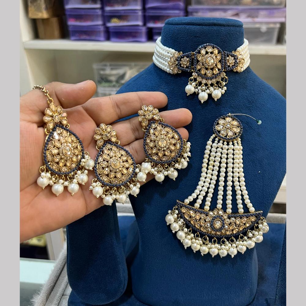 Hira Collections Gold Plated Royal Crystal Stone And Pearl Choker Necklace Set