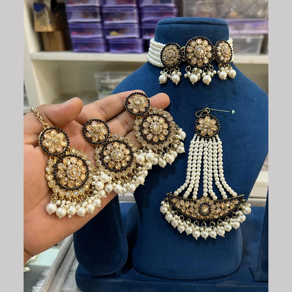 Hira Collections Gold Plated Royal Crystal Stone And Pearl Choker Necklace Set