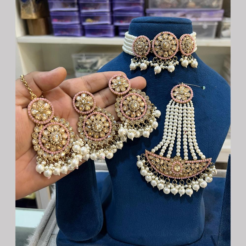 Hira Collections Gold Plated Royal Crystal Stone And Pearl Choker Necklace Set