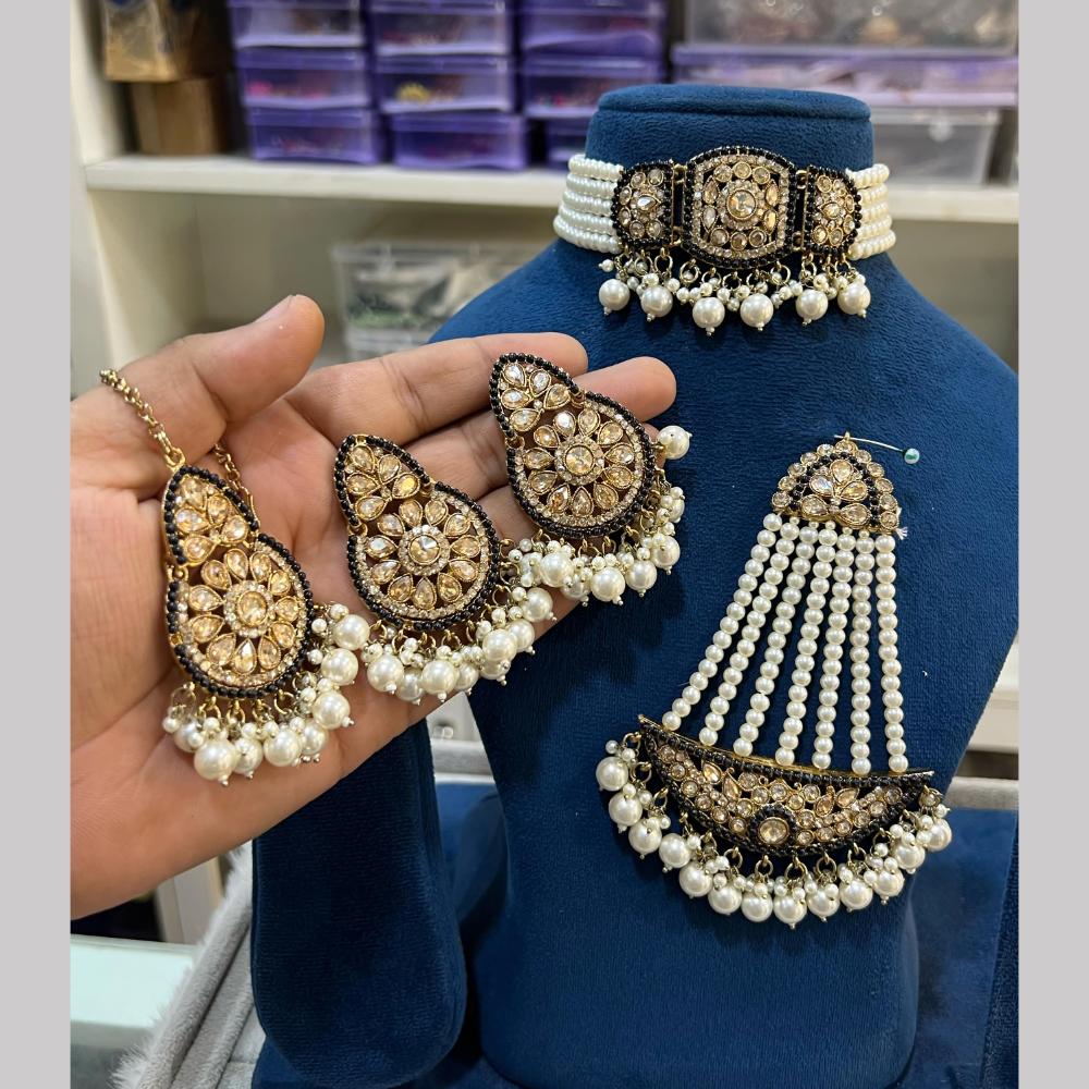 Hira Collections Gold Plated Royal Crystal Stone And Pearl Choker Necklace Set