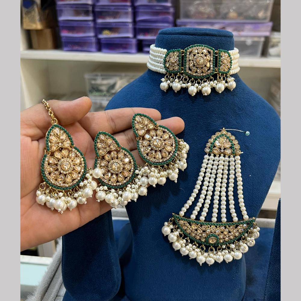 Hira Collections Gold Plated Royal Crystal Stone And Pearl Choker Necklace Set