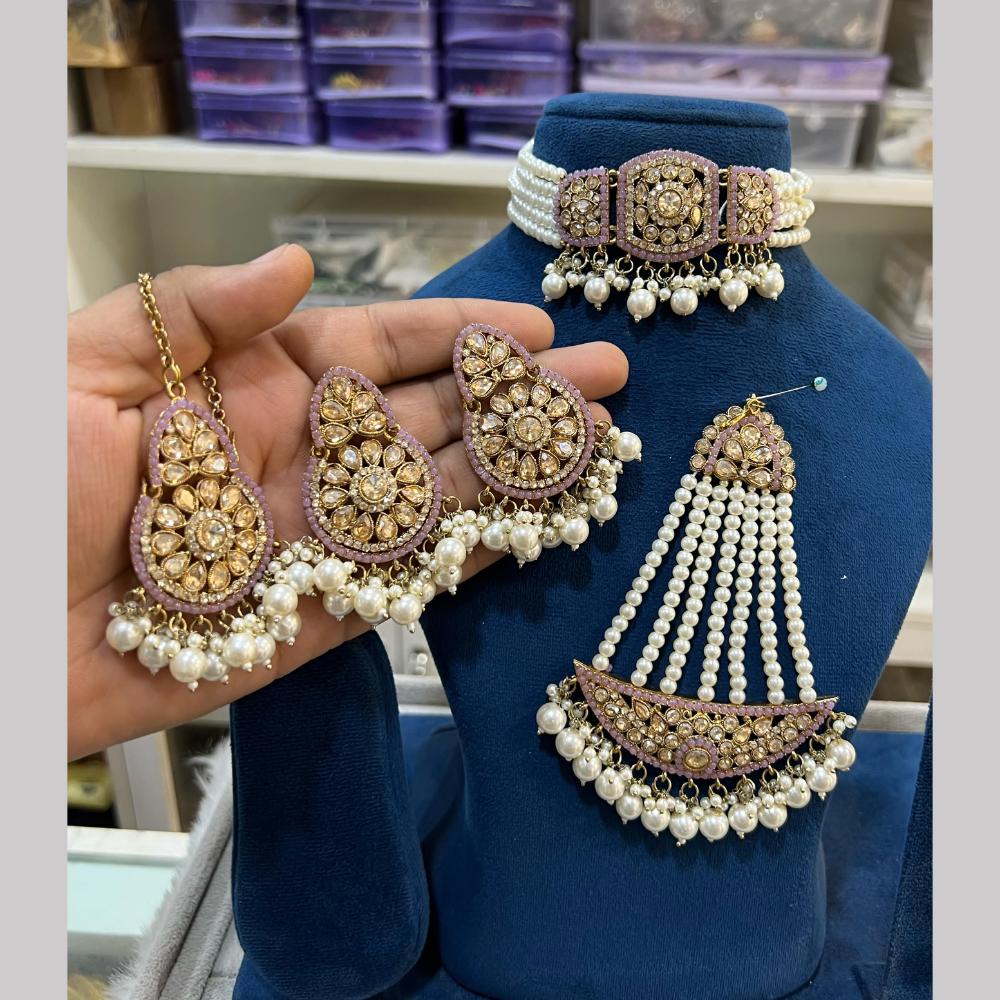 Hira Collections Gold Plated Royal Crystal Stone And Pearl Choker Necklace Set