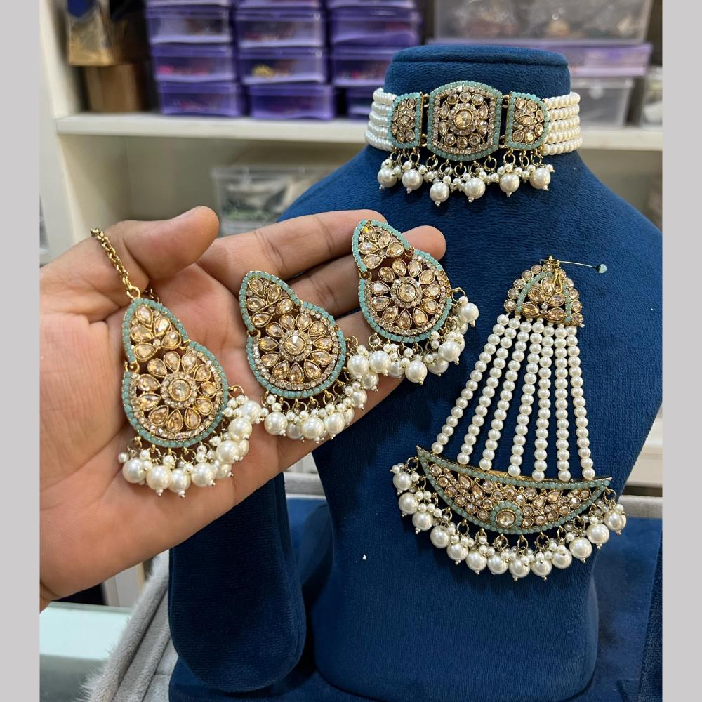 Hira Collections Gold Plated Royal Crystal Stone And Pearl Choker Necklace Set