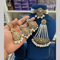 Hira Collections Gold Plated Royal Crystal Stone And Pearl Choker Necklace Set