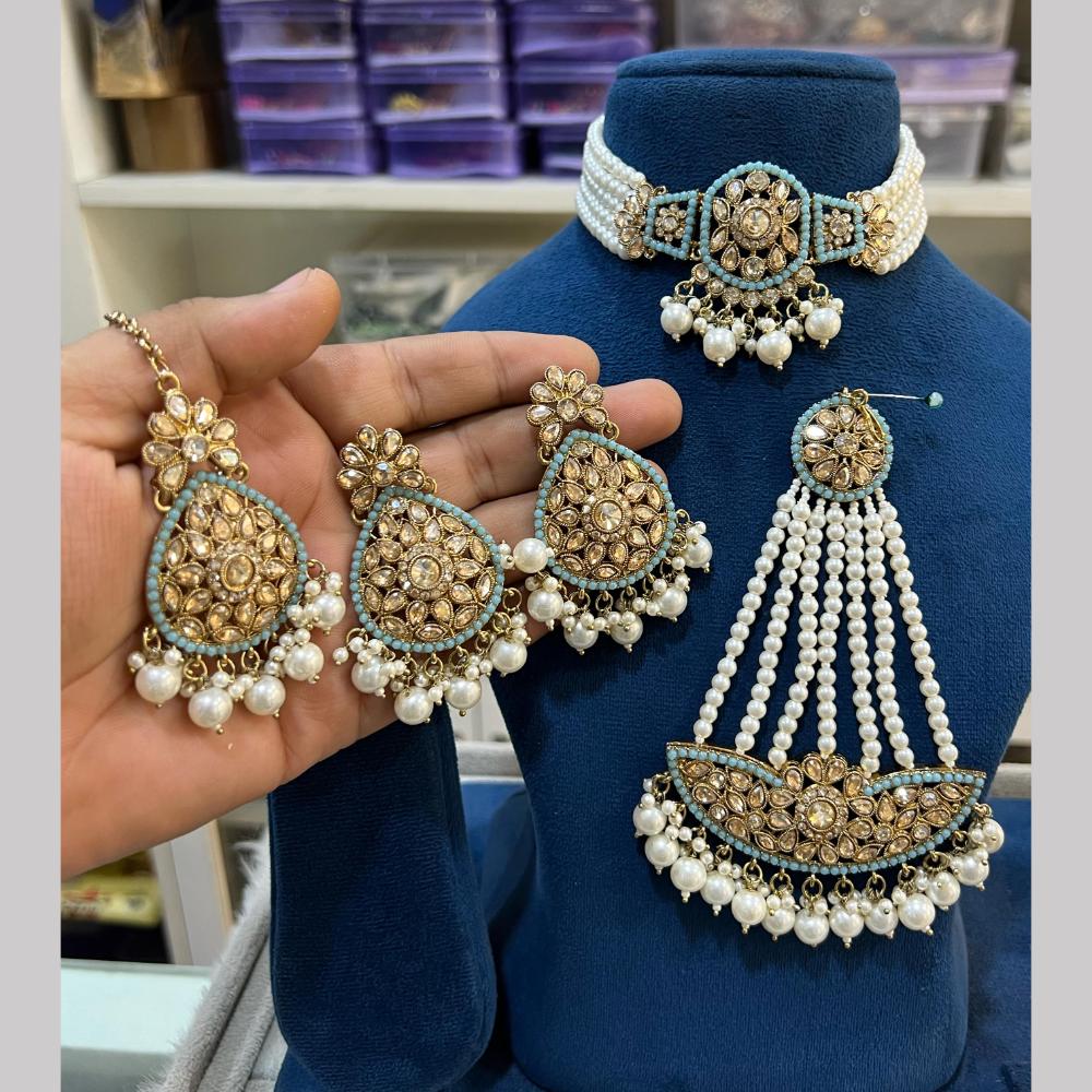 Hira Collections Gold Plated Royal Crystal Stone And Pearl Choker Necklace Set