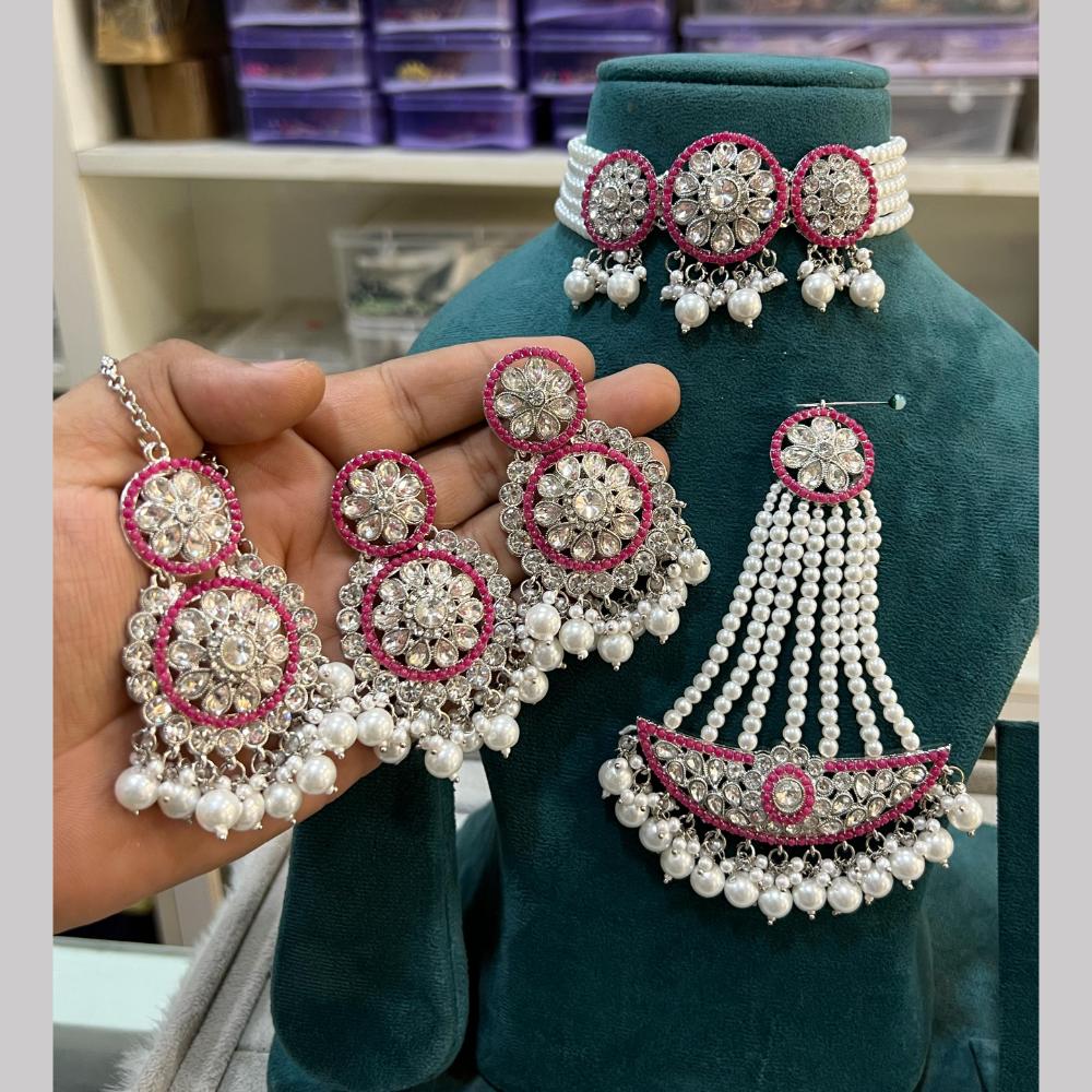 Hira Collections Silver Plated Royal Crystal Stone And Pearl Choker Necklace Set