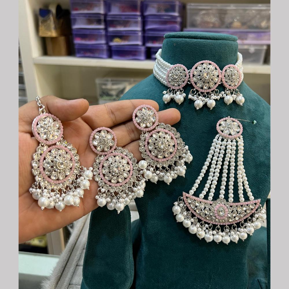 Hira Collections Silver Plated Royal Crystal Stone And Pearl Choker Necklace Set