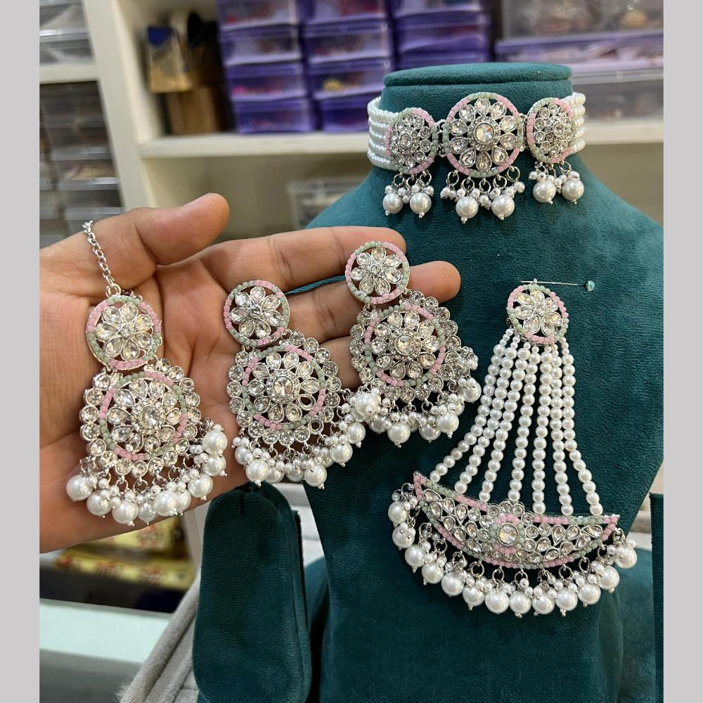 Hira Collections Silver Plated Royal Crystal Stone And Pearl Choker Necklace Set