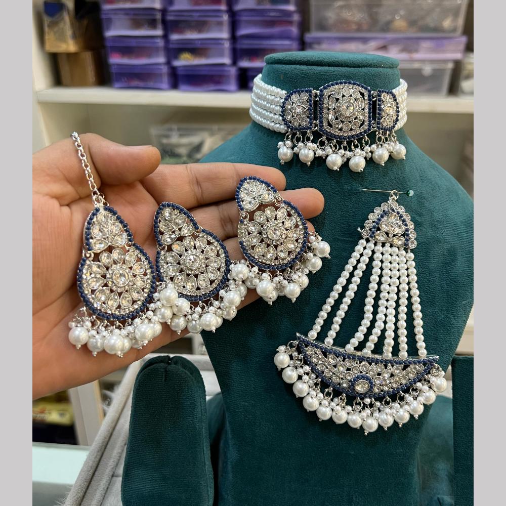 Hira Collections Silver Plated Royal Crystal Stone And Pearl Choker Necklace Set