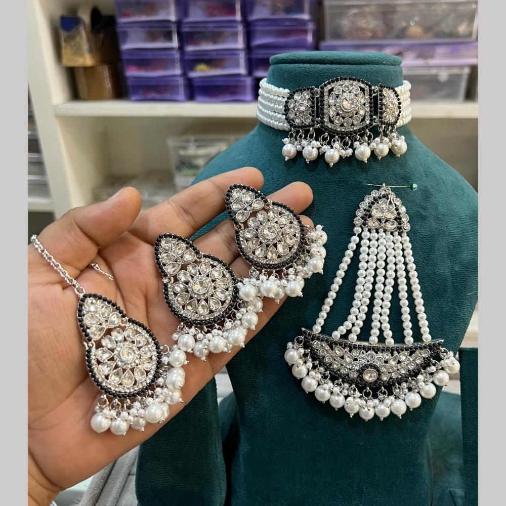 Hira Collections Silver Plated Royal Crystal Stone And Pearl Choker Necklace Set