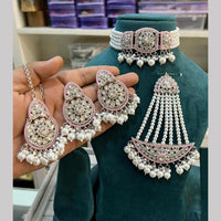 Hira Collections Silver Plated Royal Crystal Stone And Pearl Choker Necklace Set