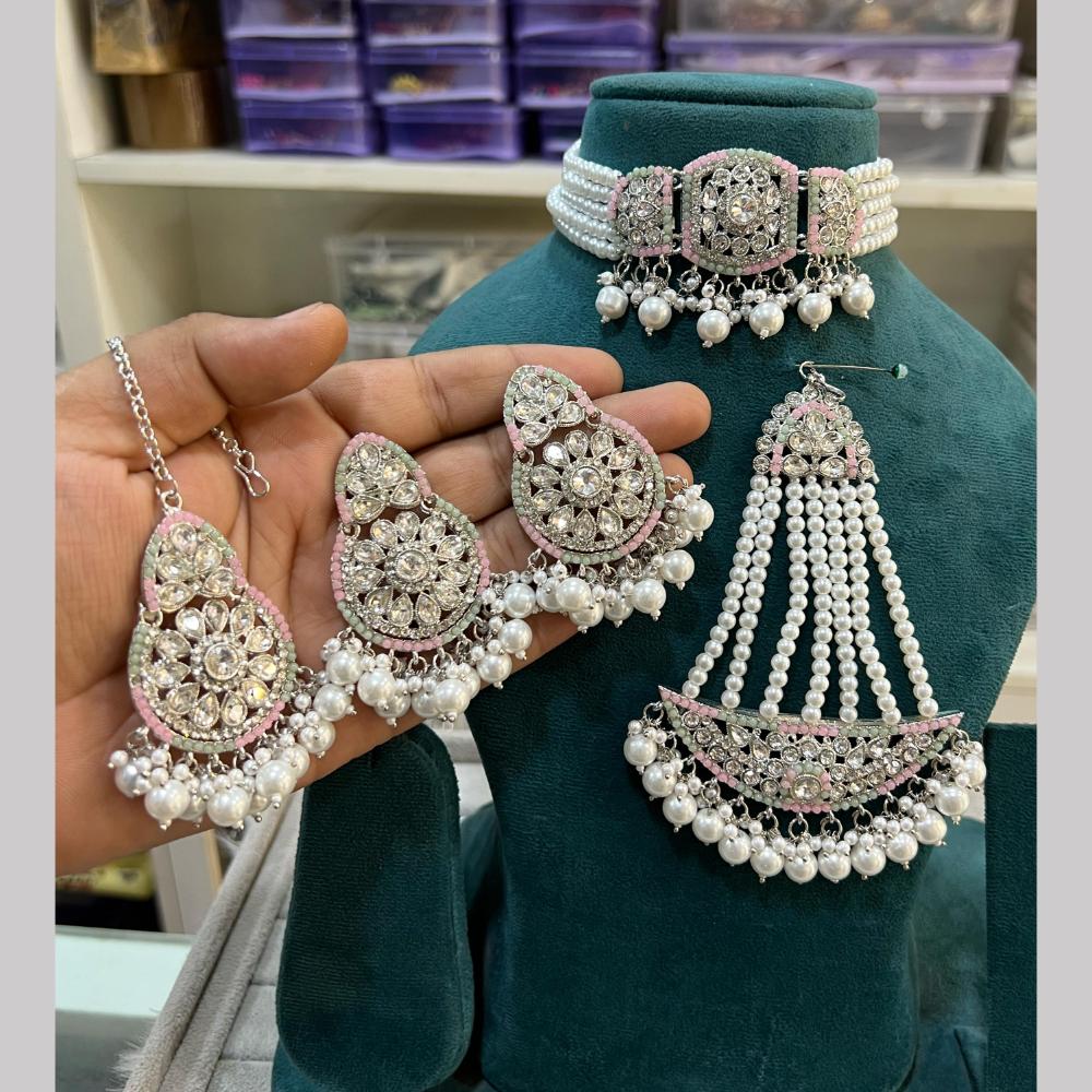 Hira Collections Silver Plated Royal Crystal Stone And Pearl Choker Necklace Set