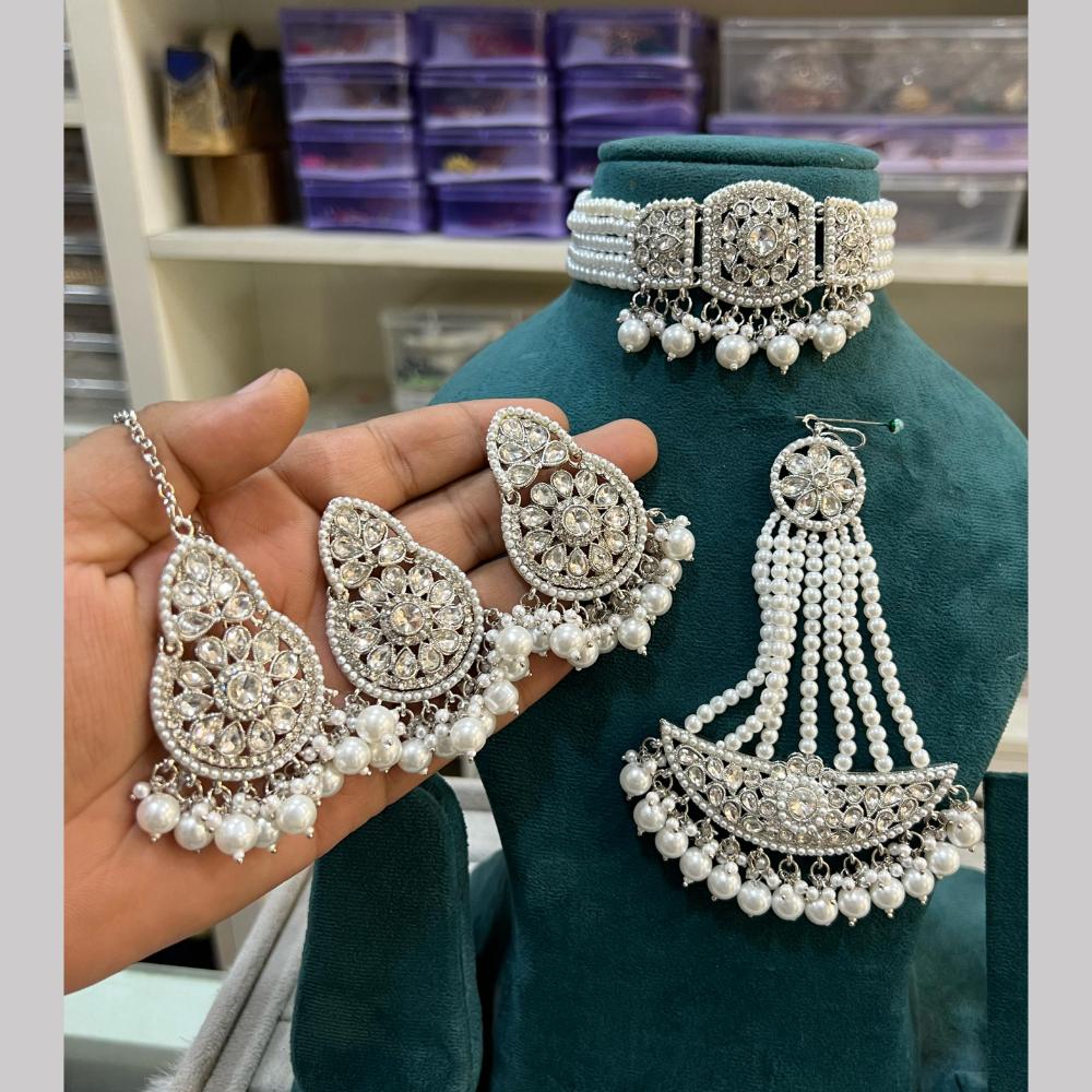 Hira Collections Silver Plated Royal Crystal Stone And Pearl Choker Necklace Set