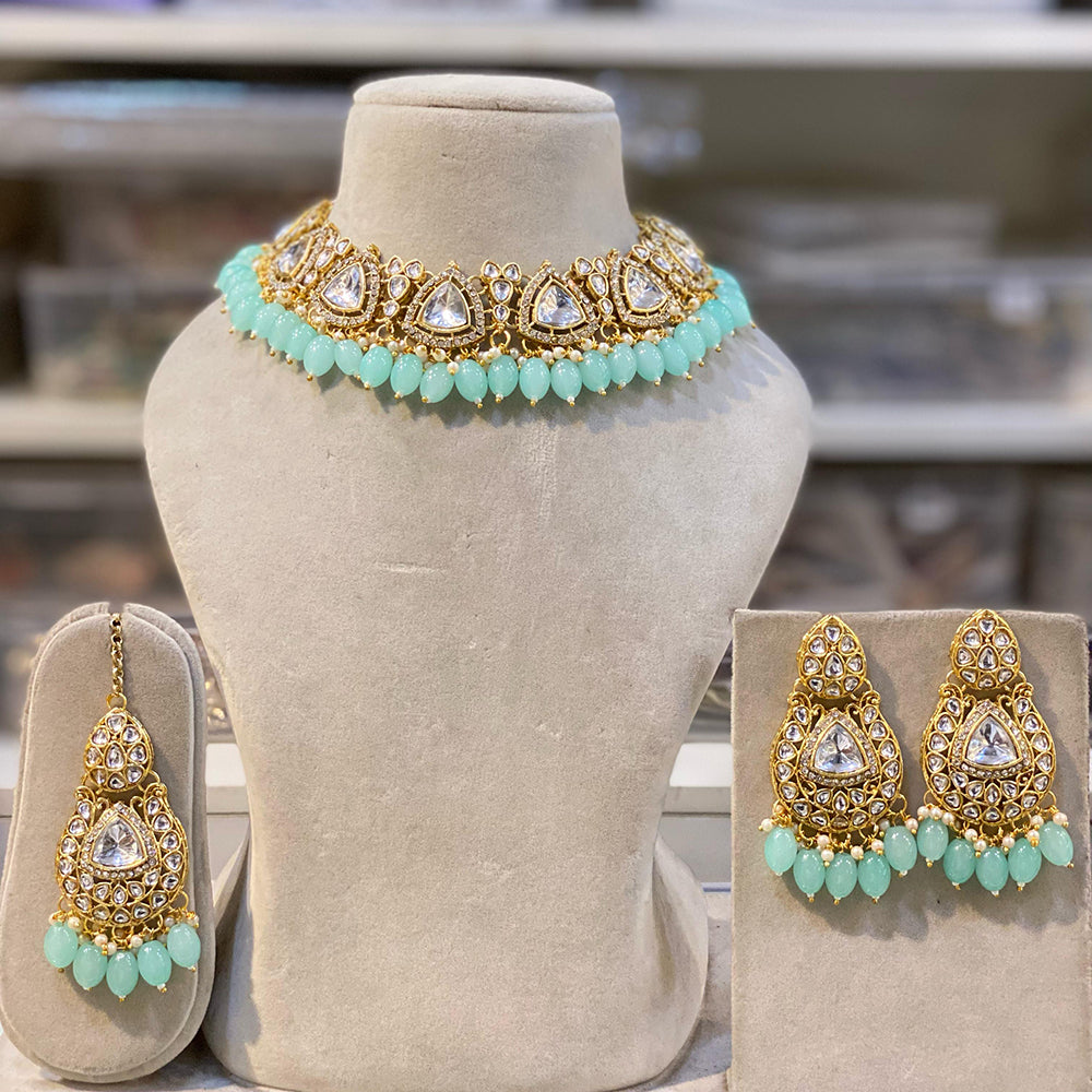 Hira Collections Gold Plated Royal Kundan Stone And Beads Necklace Set