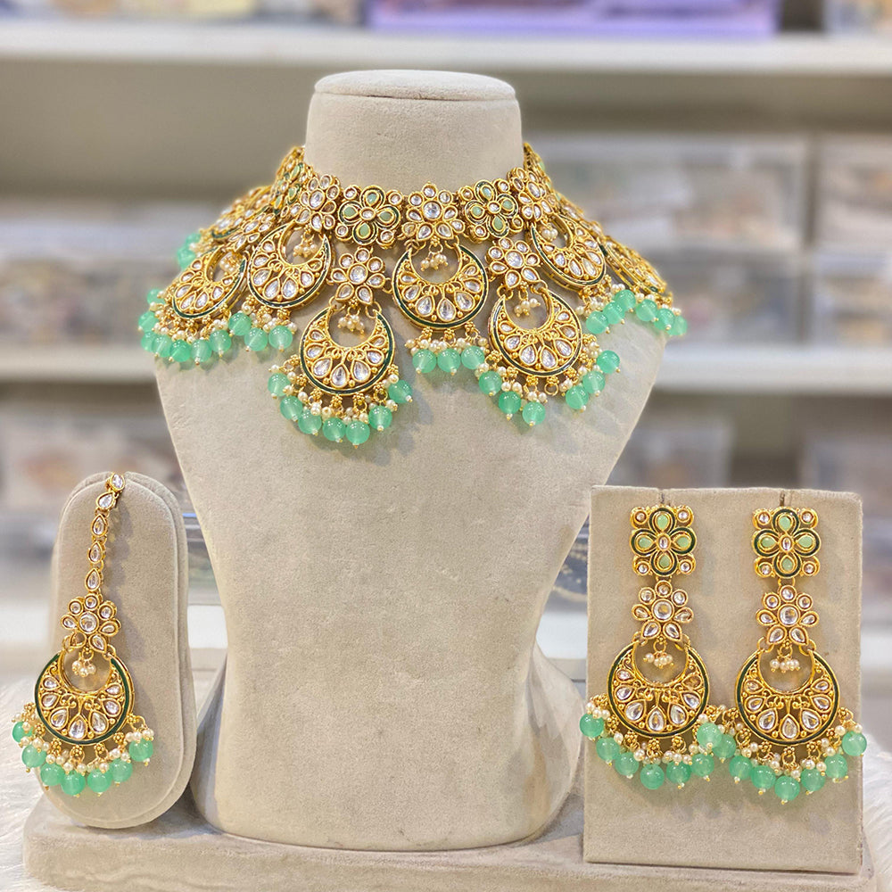 Hira Collections Gold Plated Royal Kundan Stone And Beads Necklace Set