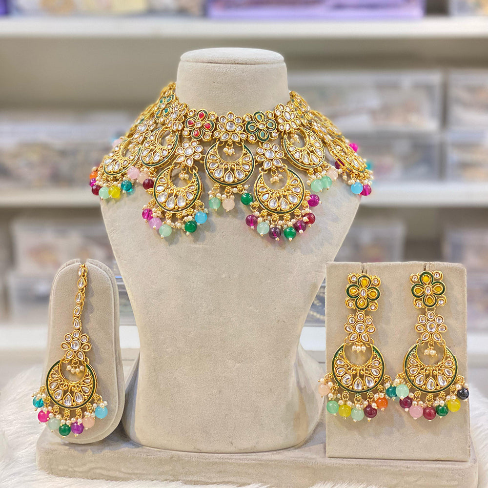 Hira Collections Gold Plated Royal Kundan Stone And Beads Necklace Set