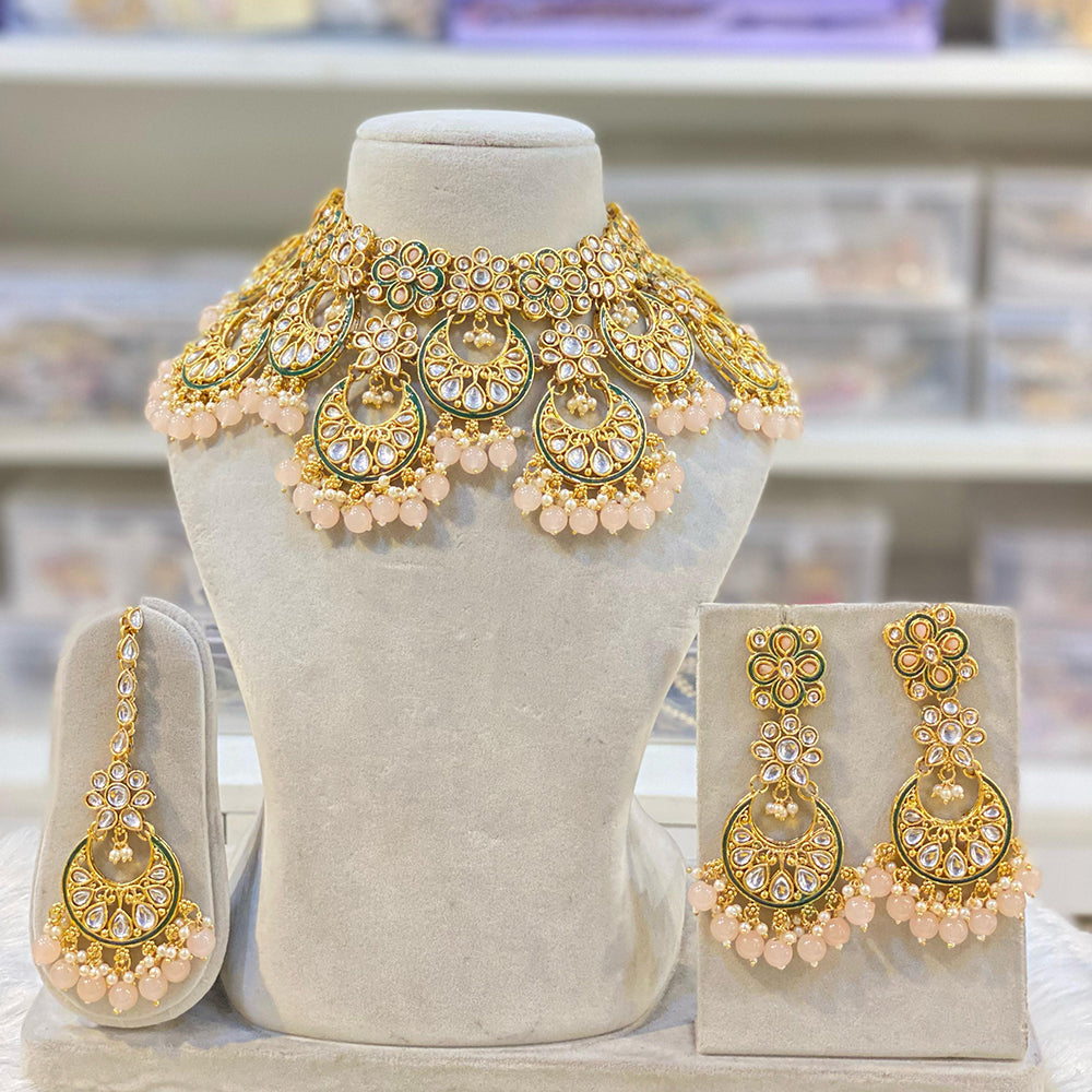 Hira Collections Gold Plated Royal Kundan Stone And Beads Necklace Set