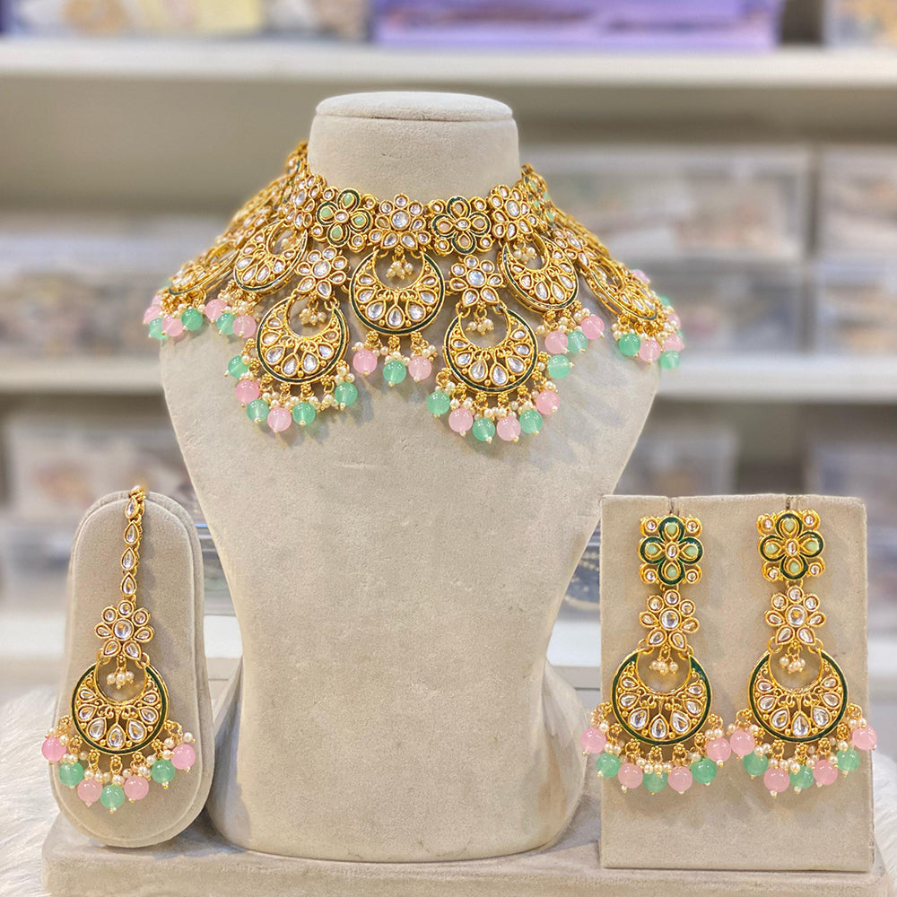 Hira Collections Gold Plated Royal Kundan Stone And Beads Necklace Set