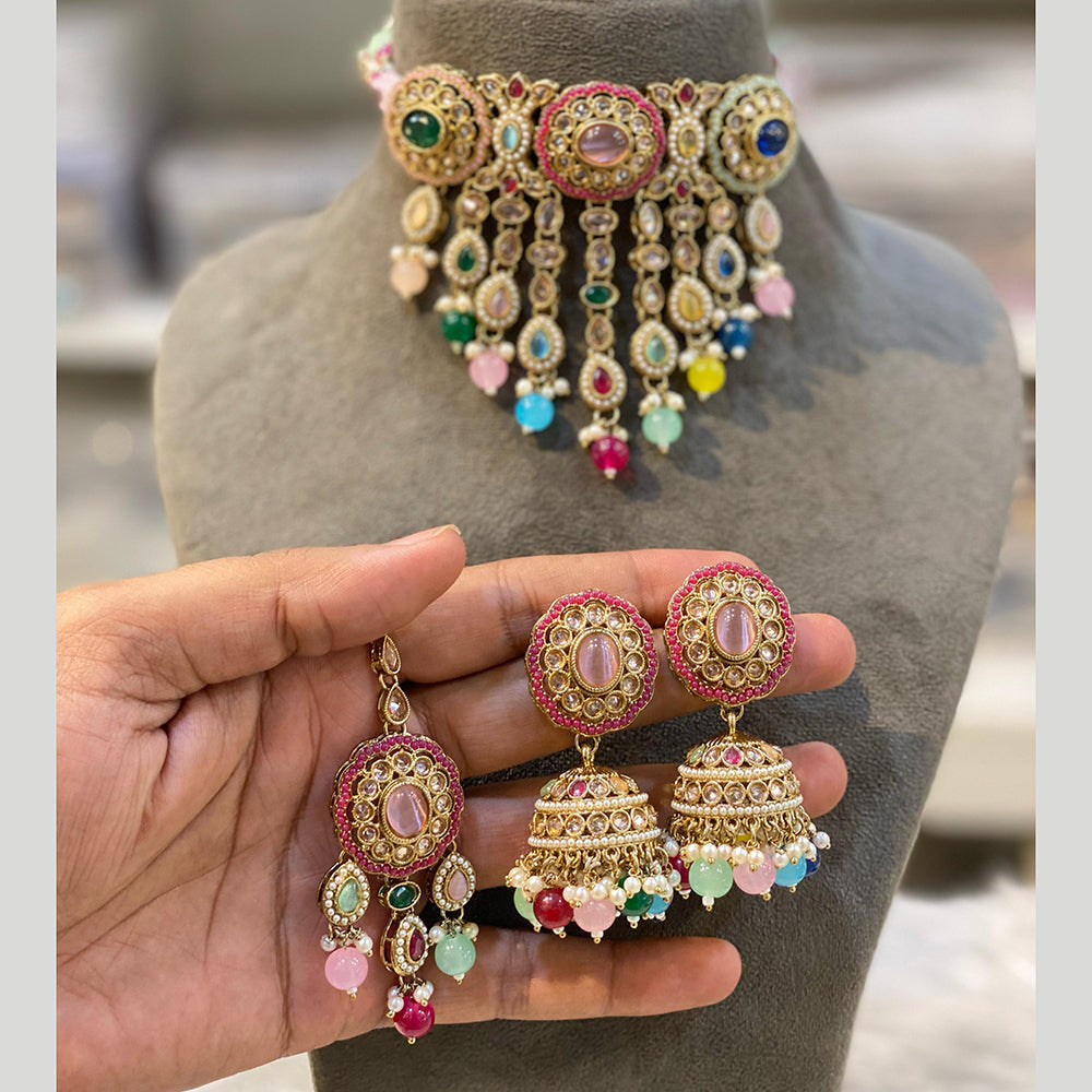 Hira Collections Gold Plated Crystal And Beads Choker Necklace Set