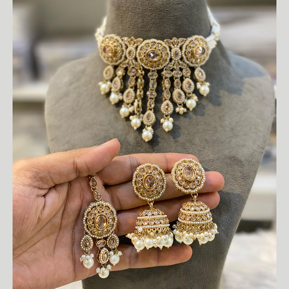 Hira Collections Gold Plated Crystal And Beads Choker Necklace Set