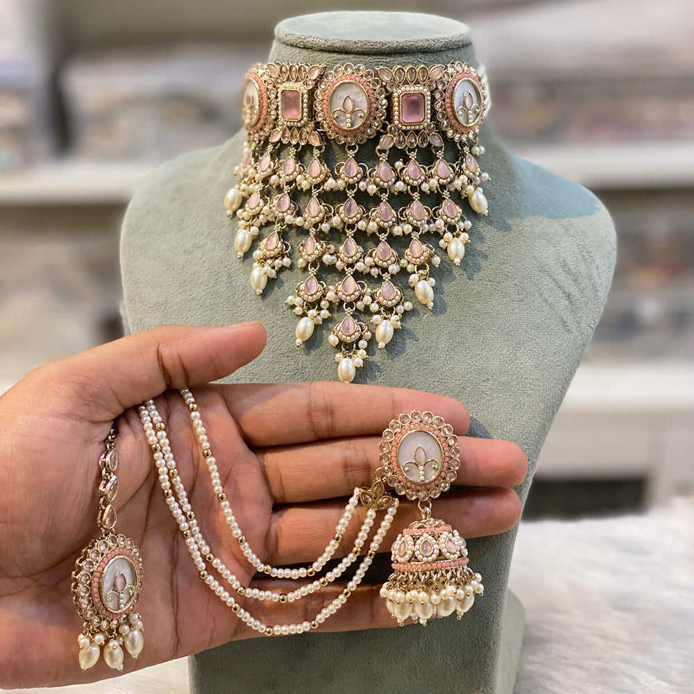 Hira Collections Gold Plated Crystal And Beads Choker Necklace Set