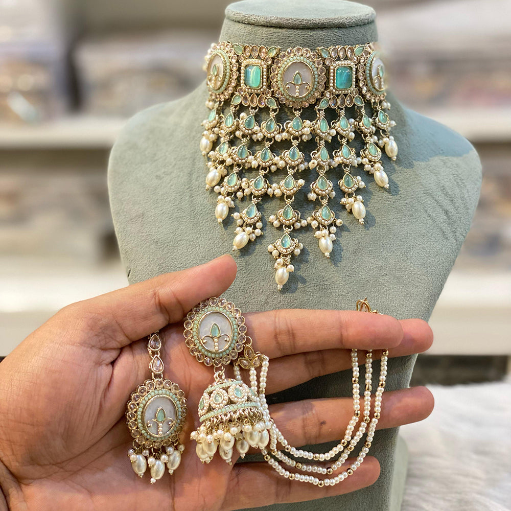 Hira Collections Gold Plated Crystal And Beads Choker Necklace Set