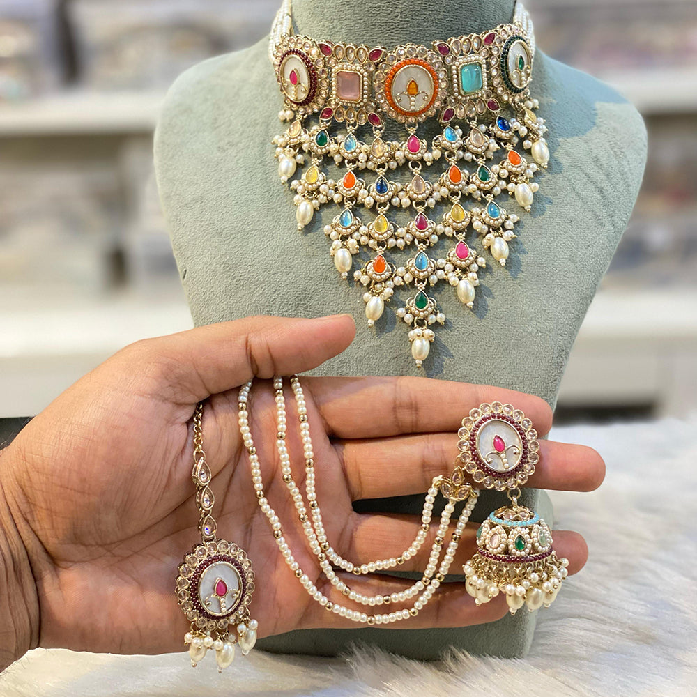 Hira Collections Gold Plated Crystal And Beads Choker Necklace Set