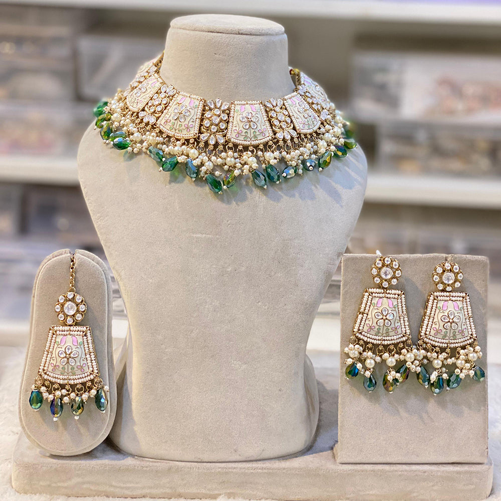 Hira Collection Gold Plated Kundan Stone And Beads Meenakari Choker Necklace Set