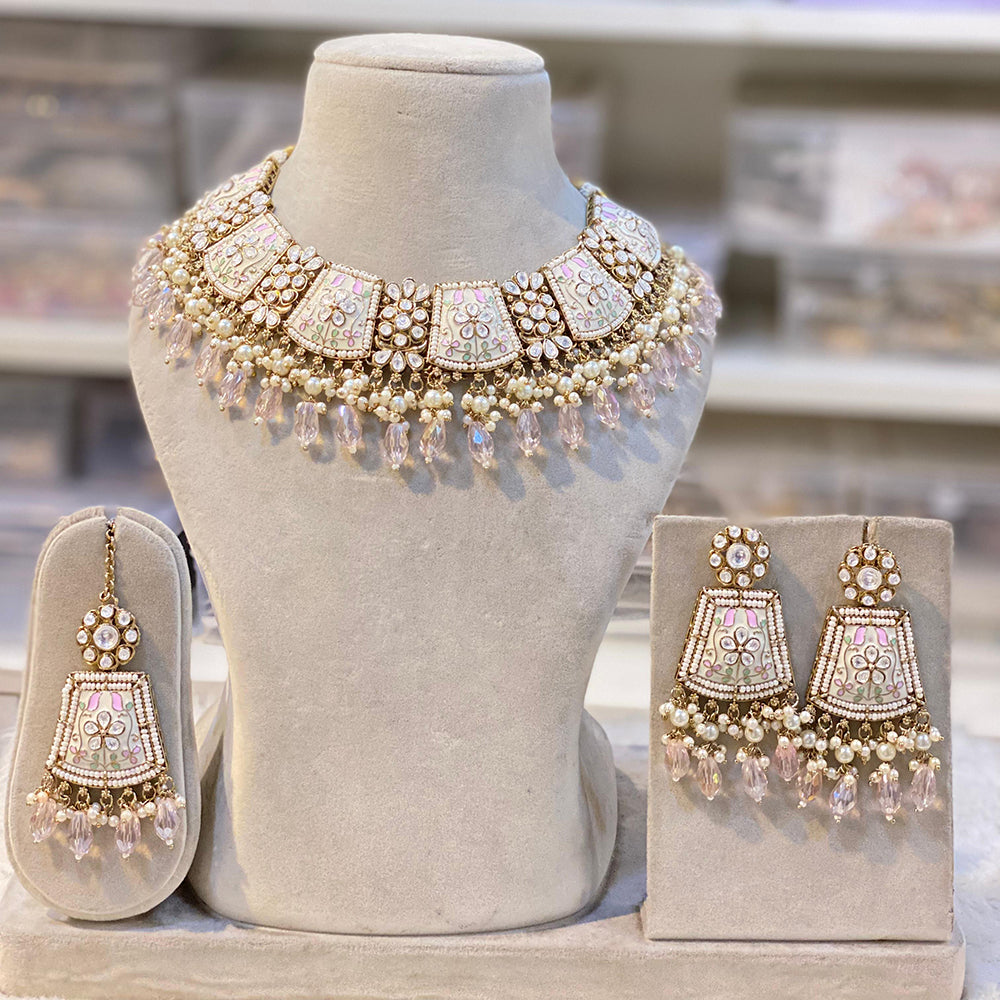Hira Collection Gold Plated Kundan Stone And Beads Meenakari Choker Necklace Set