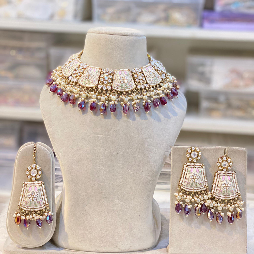 Hira Collection Gold Plated Kundan Stone And Beads Meenakari Choker Necklace Set